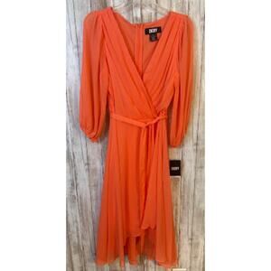 DKNY Coral Chiffon 3/4‎ Sleeve Tie-Waist High-Low Midi Dress Size 6 NWT